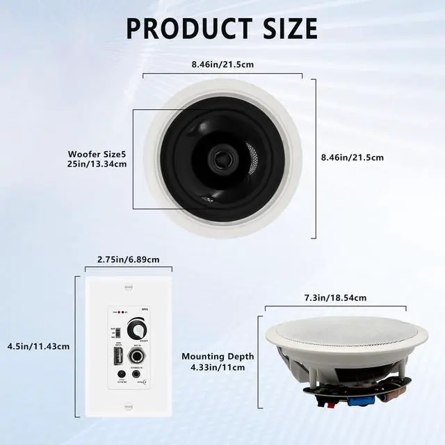Alt view image 3 of 6 - 6.5'' Bluetooth in Ceiling Speakers with Wall Amplifier Receiver 600W Flush Mount Ceiling & in-Wall Speaker System for Home Theater Office Bathroom Living Room Kitchen(2Pairs)