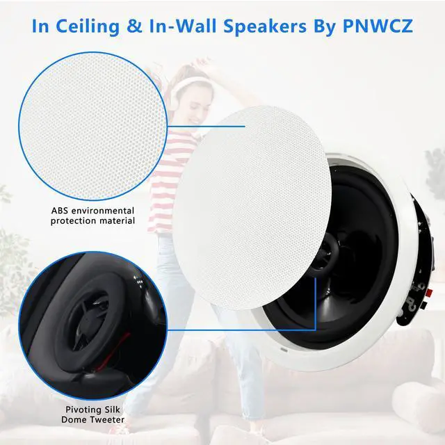 Alt view image 4 of 6 - 6.5'' Bluetooth in Ceiling Speakers with Wall Amplifier Receiver 600W Flush Mount Ceiling & in-Wall Speaker System for Home Theater Office Bathroom Living Room Kitchen(2Pairs)
