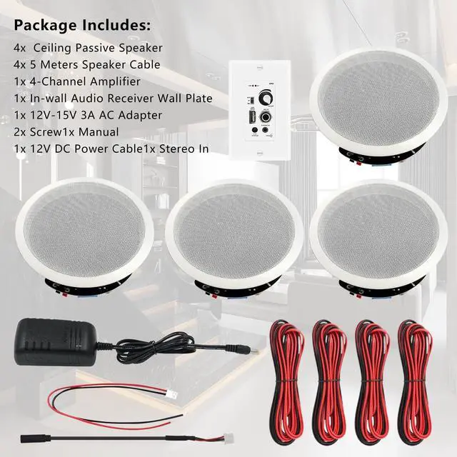 Alt view image 5 of 6 - 6.5'' Bluetooth in Ceiling Speakers with Wall Amplifier Receiver 600W Flush Mount Ceiling & in-Wall Speaker System for Home Theater Office Bathroom Living Room Kitchen(2Pairs)