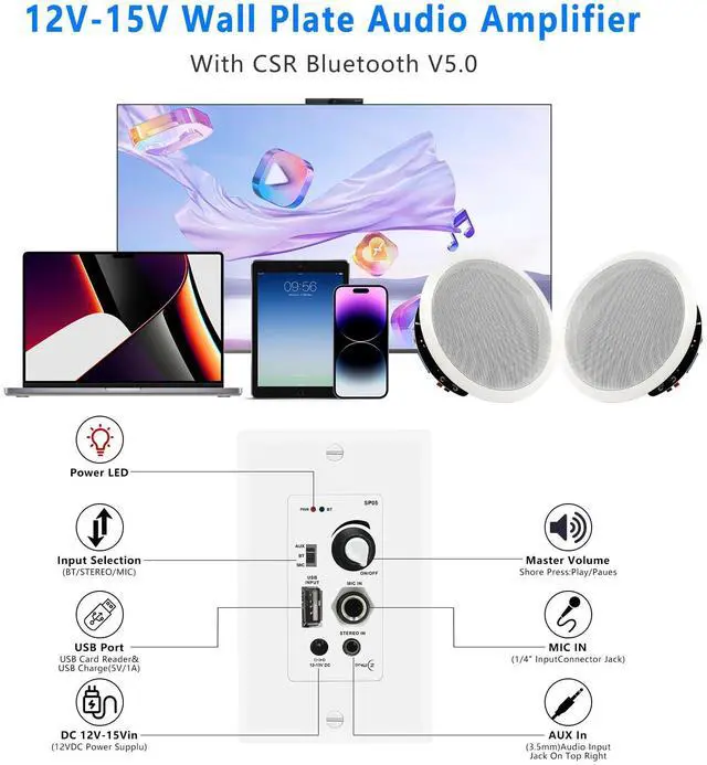 Alt view image 6 of 6 - 6.5'' Bluetooth in Ceiling Speakers with Wall Amplifier Receiver 600W Flush Mount Ceiling & in-Wall Speaker System for Home Theater Office Bathroom Living Room Kitchen(2Pairs)