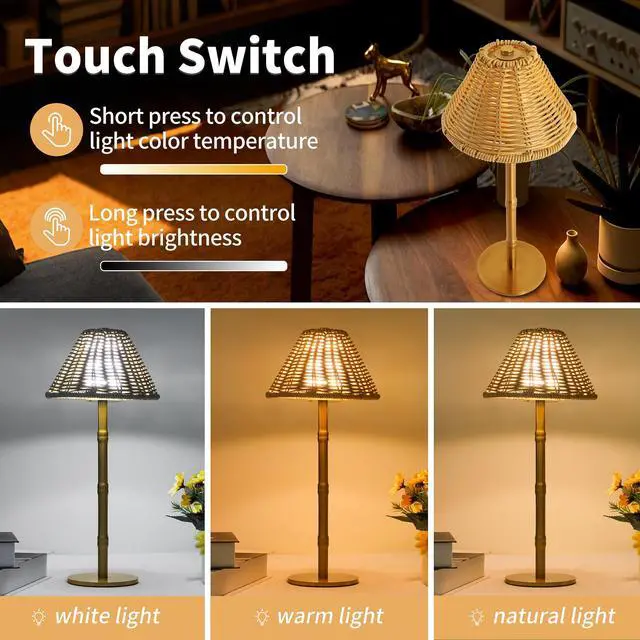 Alt view image 2 of 6 - Mr.White Rechargeable Cordless Table Lamp with Wicker Shade, 5200mAh Battery Operated Portable Table Light with Touch Control, for Patio Restaurant Kitchen Dinner (Gold)
