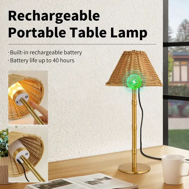 Alt view image 3 of 6 - Mr.White Rechargeable Cordless Table Lamp with Wicker Shade, 5200mAh Battery Operated Portable Table Light with Touch Control, for Patio Restaurant Kitchen Dinner (Gold)