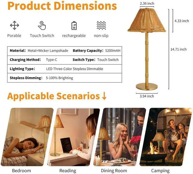Alt view image 5 of 6 - Mr.White Rechargeable Cordless Table Lamp with Wicker Shade, 5200mAh Battery Operated Portable Table Light with Touch Control, for Patio Restaurant Kitchen Dinner (Gold)