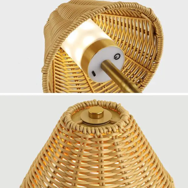 Alt view image 6 of 6 - Mr.White Rechargeable Cordless Table Lamp with Wicker Shade, 5200mAh Battery Operated Portable Table Light with Touch Control, for Patio Restaurant Kitchen Dinner (Gold)