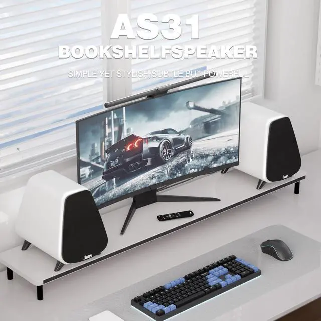 Alt view image 2 of 6 - AS31 Active Bookshelf Speakers Bluetooth 5.3, 2-Way Stereo PC Desktop 80W RMS/3-inch Bass/Midrange/RCA and Fiber Optic Inputs, Wooden Compact High-Power Speakers - Matte Skin White