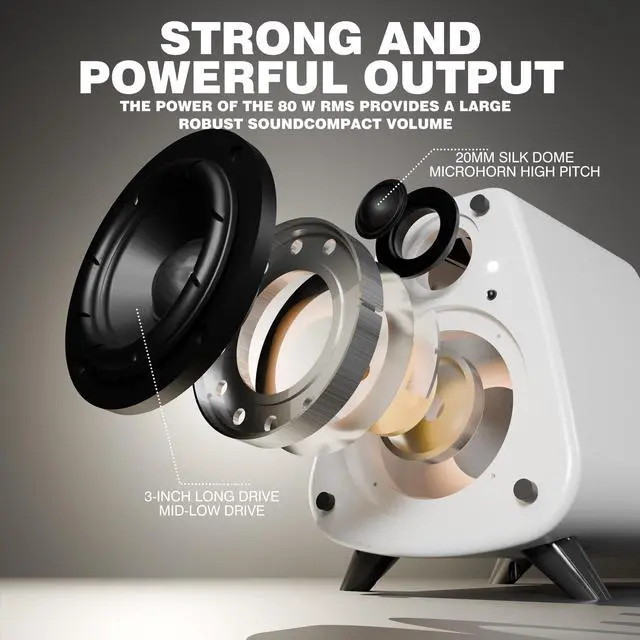 Alt view image 3 of 6 - AS31 Active Bookshelf Speakers Bluetooth 5.3, 2-Way Stereo PC Desktop 80W RMS/3-inch Bass/Midrange/RCA and Fiber Optic Inputs, Wooden Compact High-Power Speakers - Matte Skin White