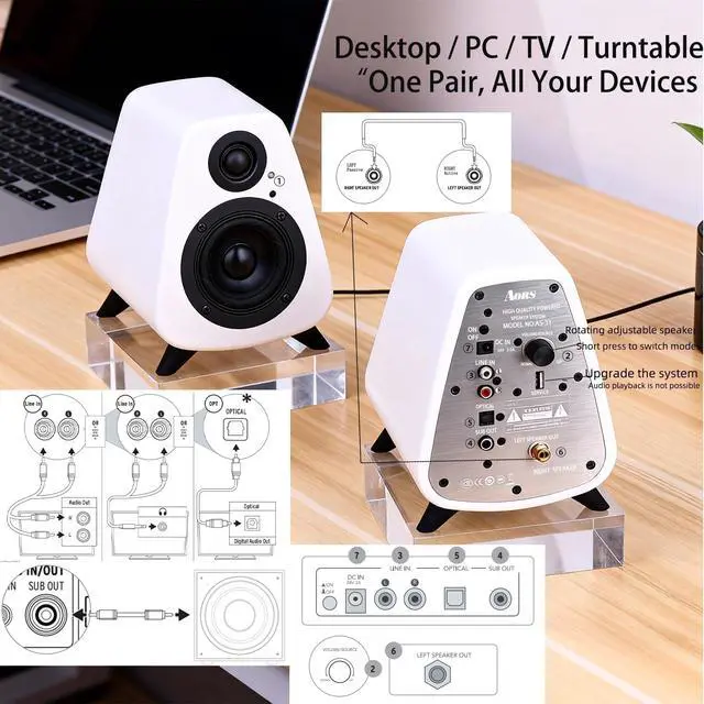 Alt view image 6 of 6 - AS31 Active Bookshelf Speakers Bluetooth 5.3, 2-Way Stereo PC Desktop 80W RMS/3-inch Bass/Midrange/RCA and Fiber Optic Inputs, Wooden Compact High-Power Speakers - Matte Skin White