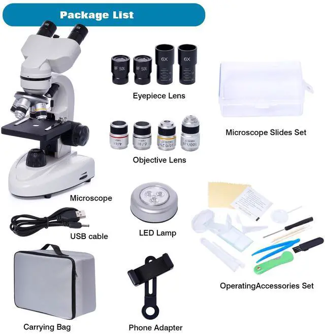 Alt view image 2 of 6 - 200X-5000X Binocular Compound Microscope for Adults & Students | Wide-field optics, 4 achromatic objectives, mechanical stage, coaxial focus and phone adapter for school, home and lab use