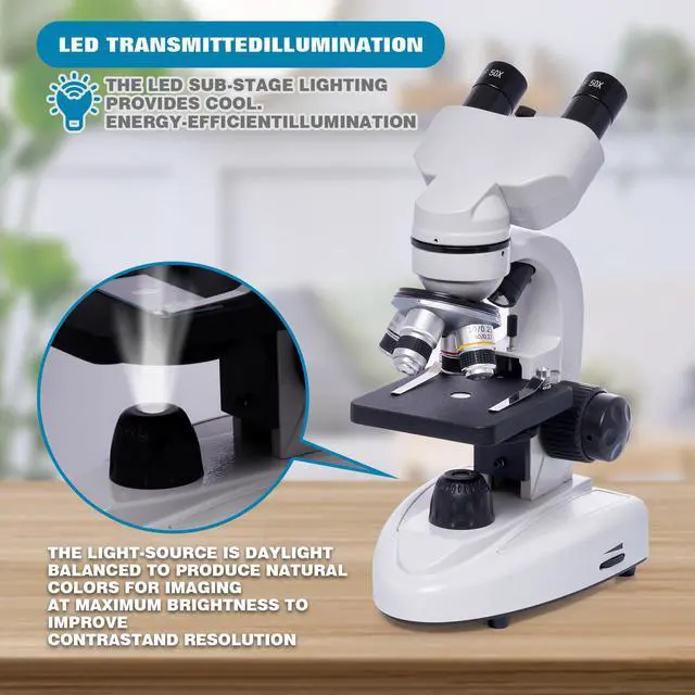 Alt view image 4 of 6 - 200X-5000X Binocular Compound Microscope for Adults & Students | Wide-field optics, 4 achromatic objectives, mechanical stage, coaxial focus and phone adapter for school, home and lab use