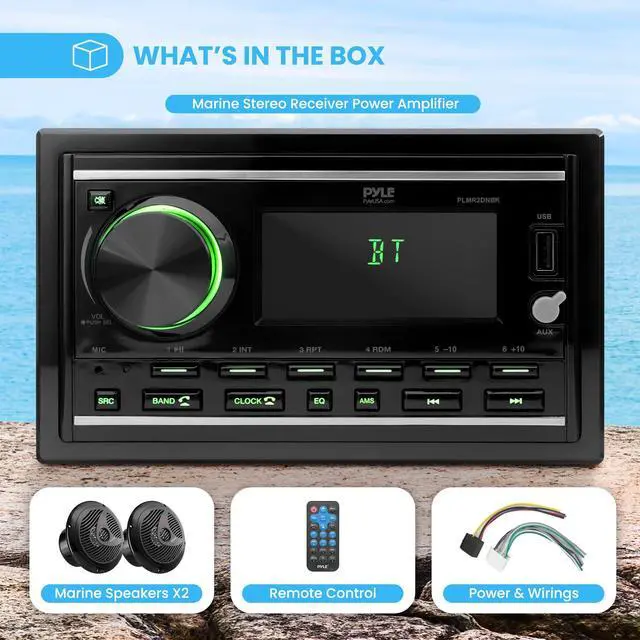Alt view image 6 of 6 - Boat Bluetooth Marine Stereo Receiver - Marine Head Unit Double DIN Stereo Receiver Power Amplifier & Speaker Kit - Hands-Free Calling, AM/FM/MP3/BT/USB/AUX - Remote, Speakers - PLMR2DNBK