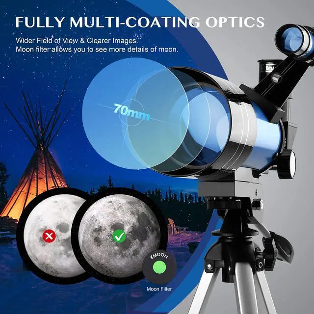 Alt view image 2 of 6 - 70/300 Portable Telescopes with Tabletop Tripod 2 Eyepieces for Kids and Astronomy Beginners with Finderscope and Smartphone Adapter Moon Filter 3X Barlow,Space,Gifts (150, x)