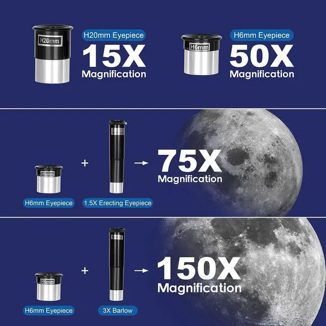 Alt view image 3 of 6 - 70/300 Portable Telescopes with Tabletop Tripod 2 Eyepieces for Kids and Astronomy Beginners with Finderscope and Smartphone Adapter Moon Filter 3X Barlow,Space,Gifts (150, x)