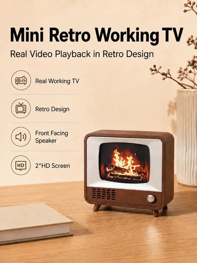 Alt view image 2 of 6 - Mini Retro Tiny TV, 2 Inch Screen HD Display Real Working TV, Portable Vintage Small Television Supports Custom Video Upload, Rechargeable Classics Miniature Television for Desk Decor Unique Gift