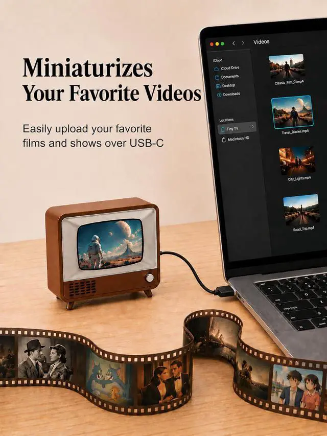 Alt view image 3 of 6 - Mini Retro Tiny TV, 2 Inch Screen HD Display Real Working TV, Portable Vintage Small Television Supports Custom Video Upload, Rechargeable Classics Miniature Television for Desk Decor Unique Gift