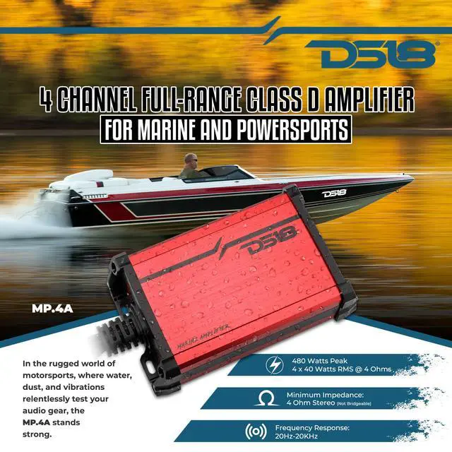 Alt view image 2 of 6 - MP.4A Marine and Powersports Amplifier 4-Channel Full-Range Class D 4 x 40 Watts Rms @ 4-Ohm - Compact IP55 Water-Resistant Amp 480W Max Power - Great for Marine/Motorsports and All Applications