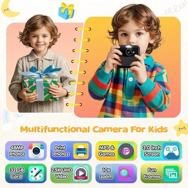 Alt view image 2 of 6 - Kids Camera Instant Print, 48MP/2.5K UHD Kids Instant Print Camera, Christmas Birthday Gifts for Girls and Boys, 3.0" Screen with Print Paper & 32G Card, Toddler Toy for Age 3-14 (Black)