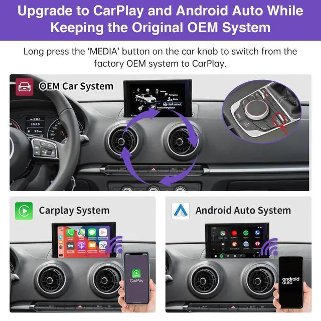 Alt view image 3 of 6 - Wireless CarPlay Retrofit Kit Decoder for Audi A3/S3 | (2013-2018) | Android Auto & Mirror Link | Original Car Function Retained