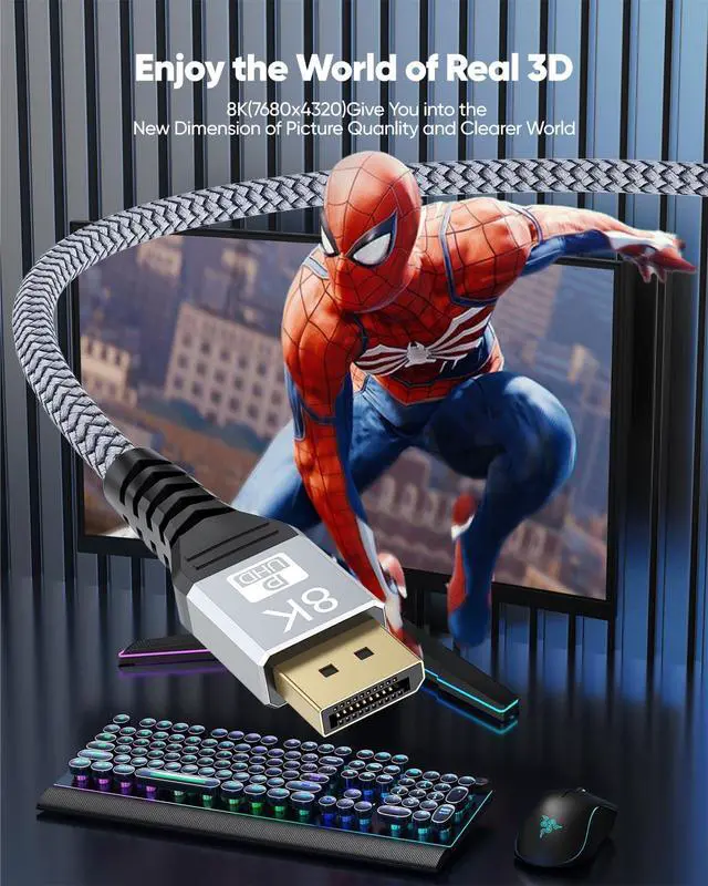 Alt view image 3 of 6 - 8K DisplayPort Cable 12FT, Display Port 1.4 Cable 12 Feet DP to DP Cord (8K@60Hz, 4K@144Hz, 2K@240Hz, 32.4Gbps, Dynamic HDR, HDCP2.2, 3D) for Gaming Monitor, Graphics Card, PC, Laptop
