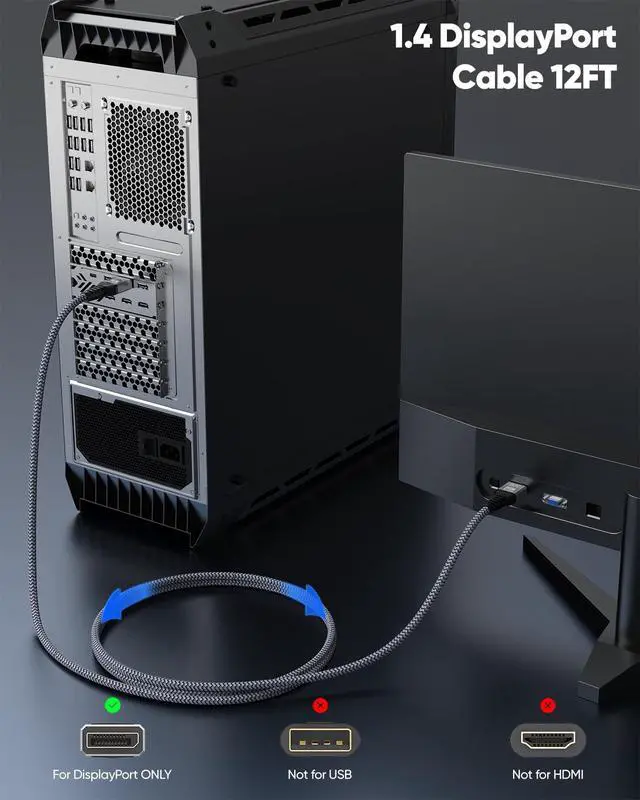 Alt view image 6 of 6 - 8K DisplayPort Cable 12FT, Display Port 1.4 Cable 12 Feet DP to DP Cord (8K@60Hz, 4K@144Hz, 2K@240Hz, 32.4Gbps, Dynamic HDR, HDCP2.2, 3D) for Gaming Monitor, Graphics Card, PC, Laptop