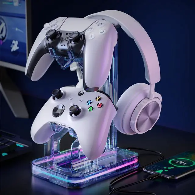 Main image of Gaming Headphones Stand, RGB Headset Stand with 2 USB Charging Ports, Dual Controller Holder with Light Modes, Earphone Hanger Accessories for Desktop Gamer