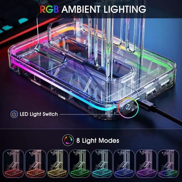 Alt view image 2 of 6 - Gaming Headphones Stand, RGB Headset Stand with 2 USB Charging Ports, Dual Controller Holder with Light Modes, Earphone Hanger Accessories for Desktop Gamer