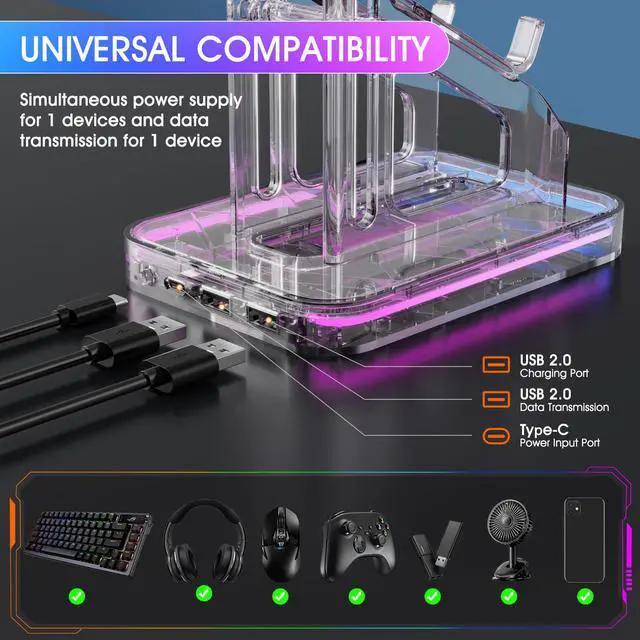 Alt view image 3 of 6 - Gaming Headphones Stand, RGB Headset Stand with 2 USB Charging Ports, Dual Controller Holder with Light Modes, Earphone Hanger Accessories for Desktop Gamer