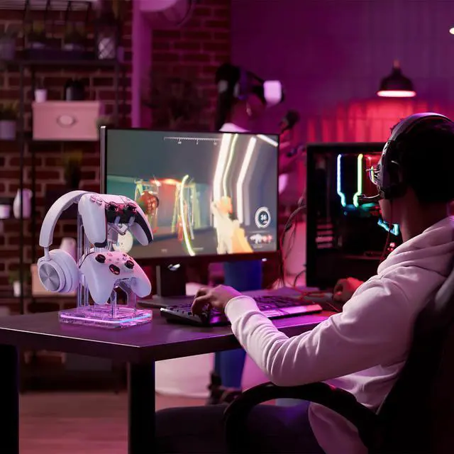 Alt view image 6 of 6 - Gaming Headphones Stand, RGB Headset Stand with 2 USB Charging Ports, Dual Controller Holder with Light Modes, Earphone Hanger Accessories for Desktop Gamer