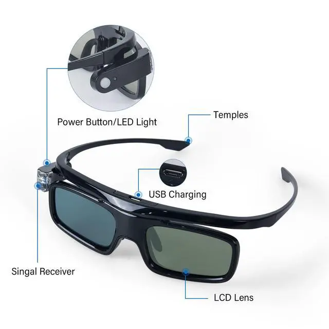 Alt view image 5 of 6 - 3D Glasses, Active Shutter Rechargeable Eyewear for 3D DLP-Link Projectors Cocar Toumei - Pack of 2