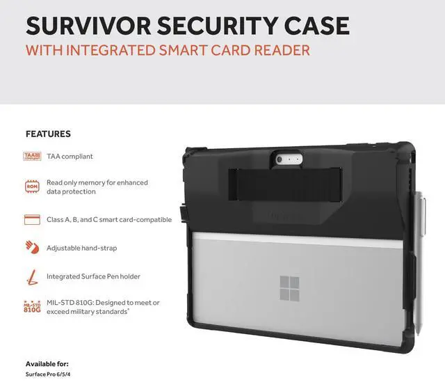 Alt view image 2 of 6 - Survivor Security Case with Smart Card Reader for Microsoft Surface Pro 7, 7+, 6, 5, 4 - Rugged, Shockproof Protection, Handstrap, Kickstand, Surface Pen Holder - Black