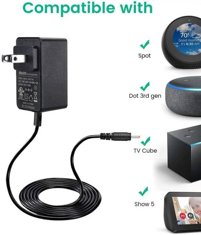 Alt view image 3 of 6 - 15W Power Adapter for Alexa Echo Show 5 1st / 2nd Gen, Dot 3rd / 4th / 5th | Replacement Power Cord Charger