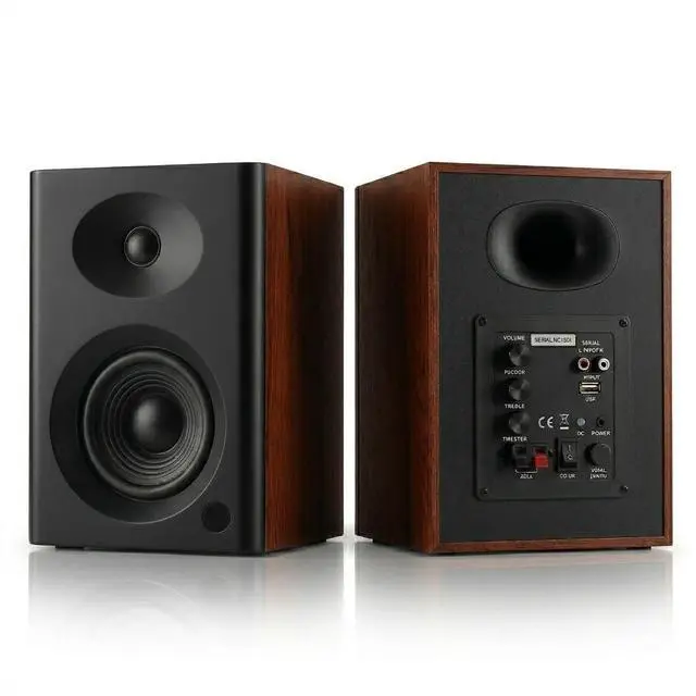 Main image of 4-Inch Powered Bluetooth Bookshelf Speakers, Black Pair | 60W Active Home Audio System w/ Wooden Enclosure & Remote, for TV, Turntable, Record Player, Computer, PC, RCA/AUX Input