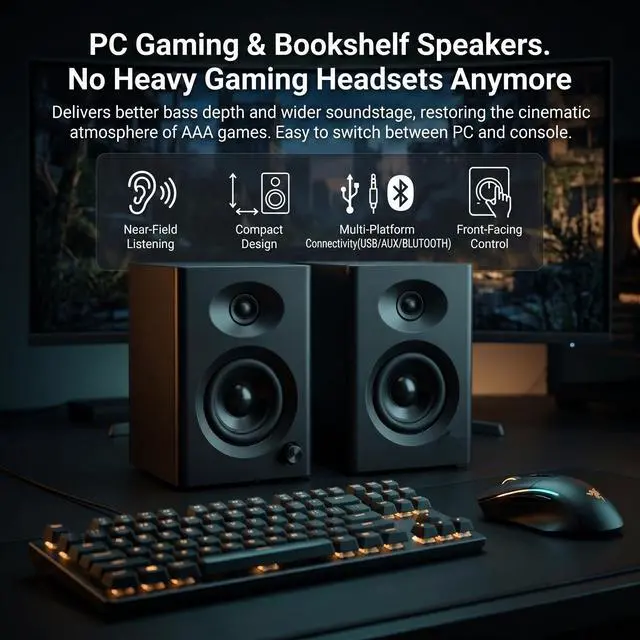 Alt view image 2 of 6 - 4-Inch Powered Bluetooth Bookshelf Speakers, Black Pair | 60W Active Home Audio System w/ Wooden Enclosure & Remote, for TV, Turntable, Record Player, Computer, PC, RCA/AUX Input