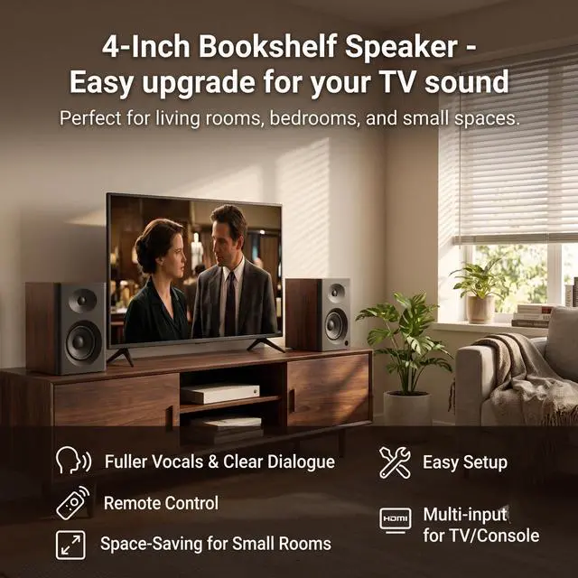 Alt view image 3 of 6 - 4-Inch Powered Bluetooth Bookshelf Speakers, Black Pair | 60W Active Home Audio System w/ Wooden Enclosure & Remote, for TV, Turntable, Record Player, Computer, PC, RCA/AUX Input