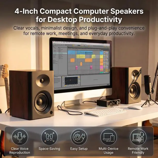 Alt view image 4 of 6 - 4-Inch Powered Bluetooth Bookshelf Speakers, Black Pair | 60W Active Home Audio System w/ Wooden Enclosure & Remote, for TV, Turntable, Record Player, Computer, PC, RCA/AUX Input