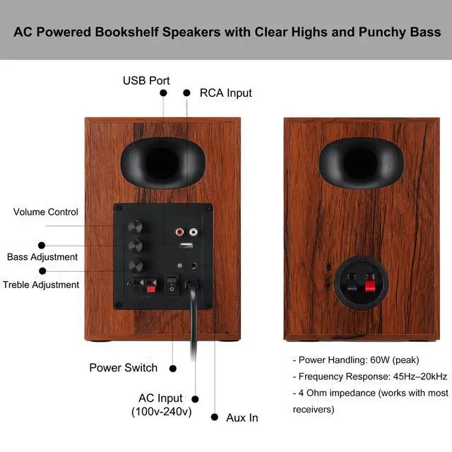 Alt view image 5 of 6 - 4-Inch Powered Bluetooth Bookshelf Speakers, Black Pair | 60W Active Home Audio System w/ Wooden Enclosure & Remote, for TV, Turntable, Record Player, Computer, PC, RCA/AUX Input