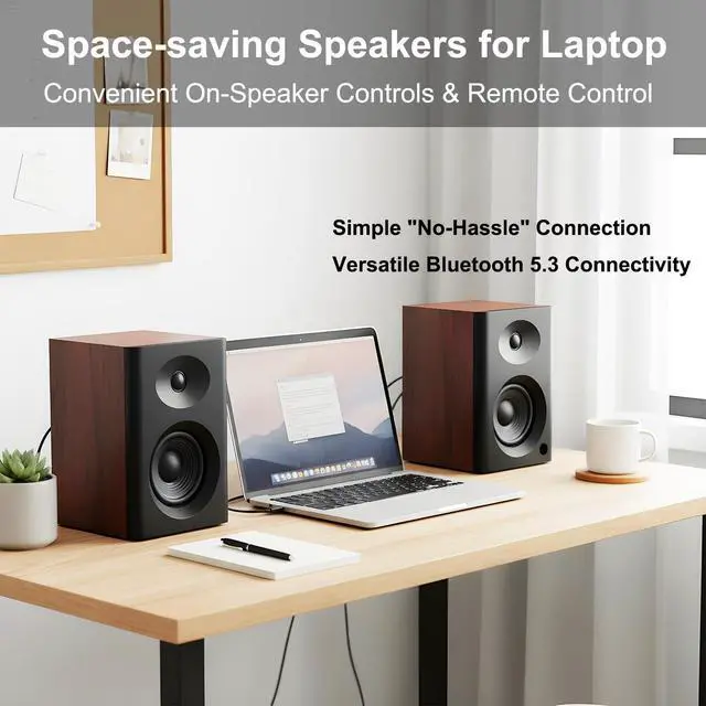 Alt view image 6 of 6 - 4-Inch Powered Bluetooth Bookshelf Speakers, Black Pair | 60W Active Home Audio System w/ Wooden Enclosure & Remote, for TV, Turntable, Record Player, Computer, PC, RCA/AUX Input