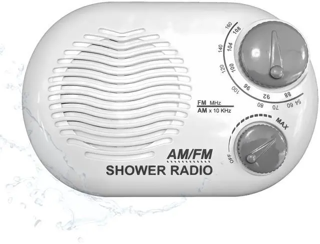 Main image of Shower Radio - Includes Carrying or Hanging Strap. Portable Design Perfect for Bathroom, Kitchen, and Outdoor. Built in Speaker, Battery Operated Radio