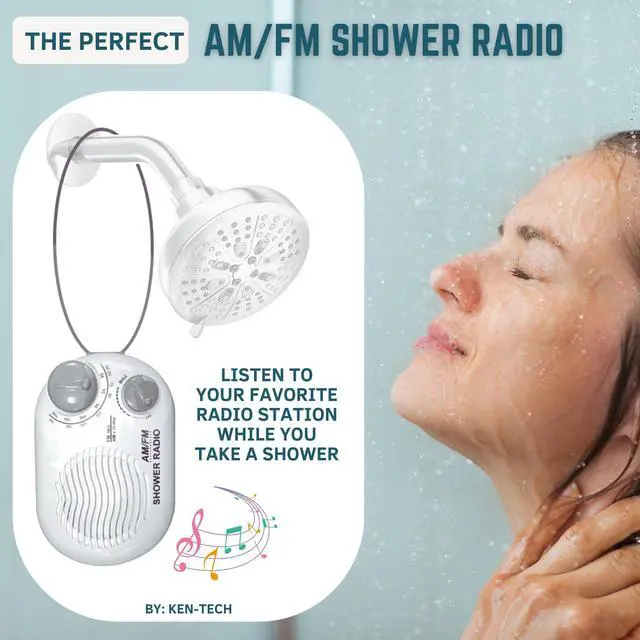 Alt view image 2 of 5 - Shower Radio - Includes Carrying or Hanging Strap. Portable Design Perfect for Bathroom, Kitchen, and Outdoor. Built in Speaker, Battery Operated Radio