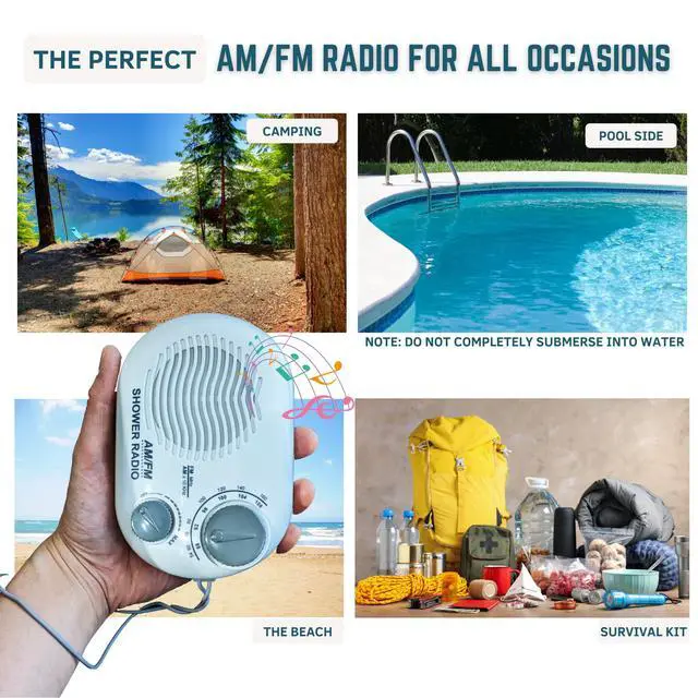 Alt view image 3 of 5 - Shower Radio - Includes Carrying or Hanging Strap. Portable Design Perfect for Bathroom, Kitchen, and Outdoor. Built in Speaker, Battery Operated Radio