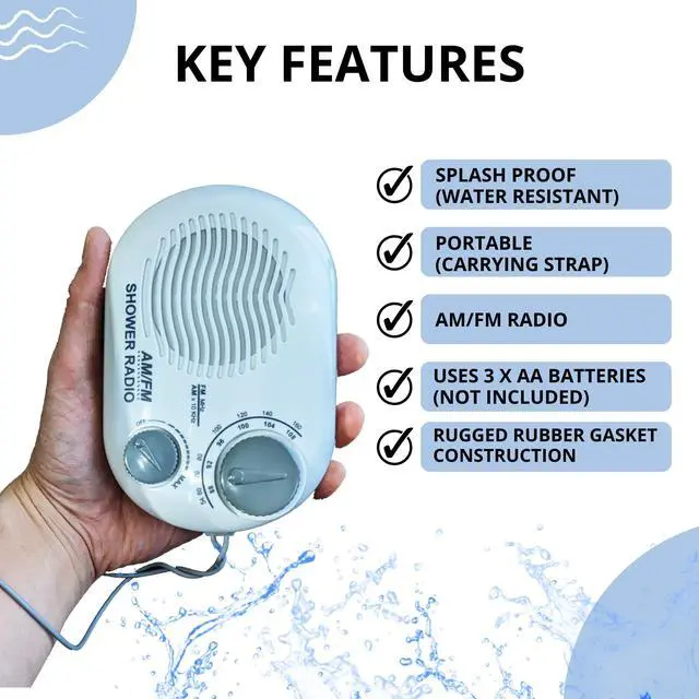 Alt view image 5 of 5 - Shower Radio - Includes Carrying or Hanging Strap. Portable Design Perfect for Bathroom, Kitchen, and Outdoor. Built in Speaker, Battery Operated Radio