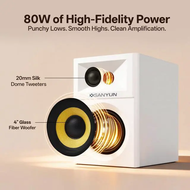 Alt view image 4 of 6 - SW205 2.0 Bookshelf Speakers, Room-Filling Expanded Stage, Dual-DSP | Built-in 24bit DAC, Bluetooth 5.4/Optical/AUX, 80W 4" Glass Fiber Woofer & Silk Dome Tweeter, Wireless RF Remote (Pair,White)