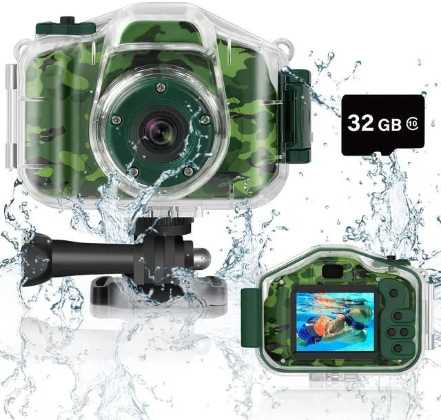 Main image of Kids Waterproof Camera, Underwater HD Digital Camcorder, Green | Mini Action Toys, Christmas Birthday Gifts for Toddler Boys Girls 3-12, Ideal for Summer Beach Pool Camp Travel, 32GB card
