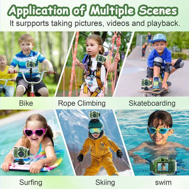 Alt view image 4 of 6 - Kids Waterproof Camera, Underwater HD Digital Camcorder, Green | Mini Action Toys, Christmas Birthday Gifts for Toddler Boys Girls 3-12, Ideal for Summer Beach Pool Camp Travel, 32GB card