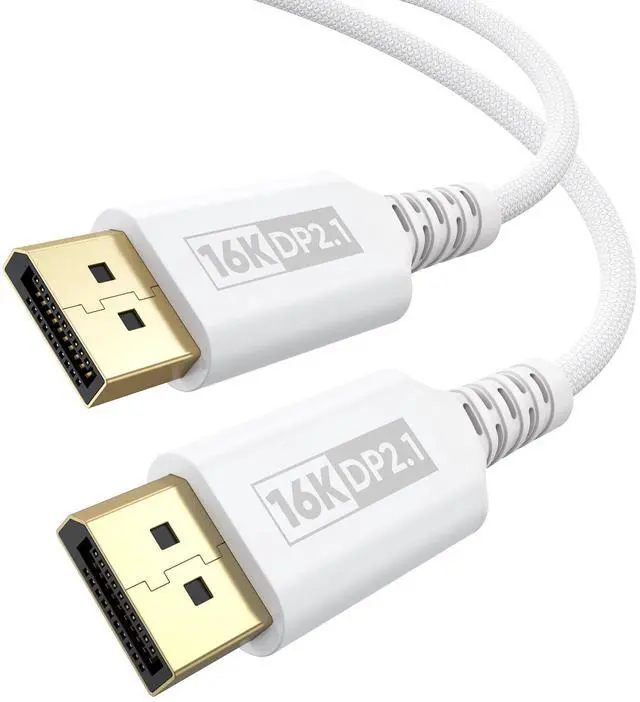 Main image of White DisplayPort Cable 2.1 6.6FT, 16K Display Port 2.1 Cable Braided DP Cord (54Gbps, 16K@60Hz, 8K@120Hz, 4K@240Hz, Dynamic HDR) for FreeSync G-Sync, Gaming Monitor, PC, Laptop, Graphics Card