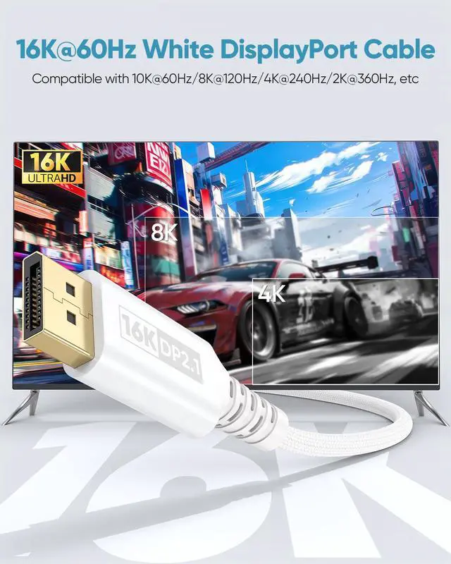 Alt view image 2 of 6 - White DisplayPort Cable 2.1 6.6FT, 16K Display Port 2.1 Cable Braided DP Cord (54Gbps, 16K@60Hz, 8K@120Hz, 4K@240Hz, Dynamic HDR) for FreeSync G-Sync, Gaming Monitor, PC, Laptop, Graphics Card