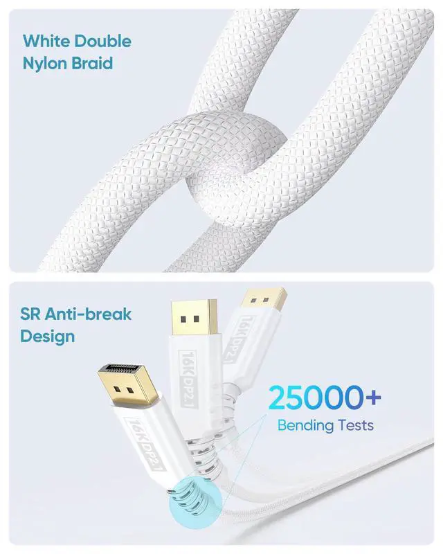 Alt view image 4 of 6 - White DisplayPort Cable 2.1 6.6FT, 16K Display Port 2.1 Cable Braided DP Cord (54Gbps, 16K@60Hz, 8K@120Hz, 4K@240Hz, Dynamic HDR) for FreeSync G-Sync, Gaming Monitor, PC, Laptop, Graphics Card