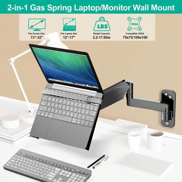 Alt view image 2 of 6 - 2-in-1 Gas Spring Laptop Wall Mount for 12"-17" Notebook/13"-32" Screen | Wall Holder with Vented Tray, Full Motion Adjustable Wall Mount Laptop Stand Holds 3.3-17.6lbs, VESA 75/100mm