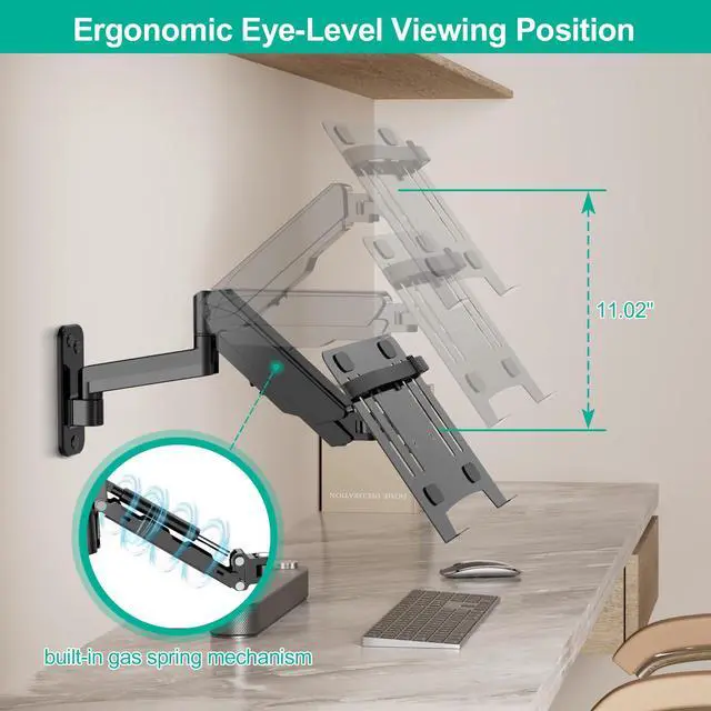 Alt view image 3 of 6 - 2-in-1 Gas Spring Laptop Wall Mount for 12"-17" Notebook/13"-32" Screen | Wall Holder with Vented Tray, Full Motion Adjustable Wall Mount Laptop Stand Holds 3.3-17.6lbs, VESA 75/100mm