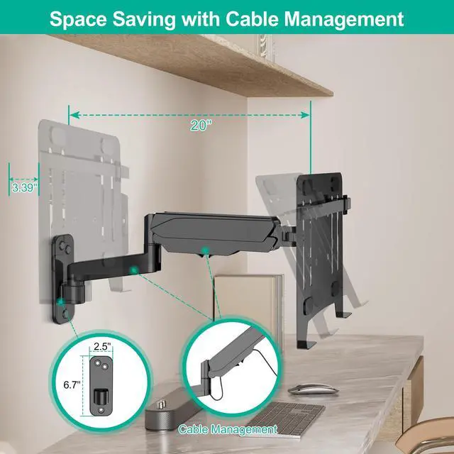 Alt view image 6 of 6 - 2-in-1 Gas Spring Laptop Wall Mount for 12"-17" Notebook/13"-32" Screen | Wall Holder with Vented Tray, Full Motion Adjustable Wall Mount Laptop Stand Holds 3.3-17.6lbs, VESA 75/100mm
