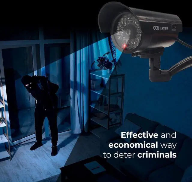 Alt view image 6 of 6 - Fake Security Camera, Dummy CCTV Surveillance System with Realistic Red Flashing Lights and Warning Sticker Indoor Outdoor Protect